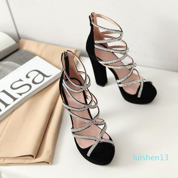 

plus size 33 to size 40 41 42 43 new platform thick high heel rhinestone prom gown dress shoes women gladiator sandals l13, Black