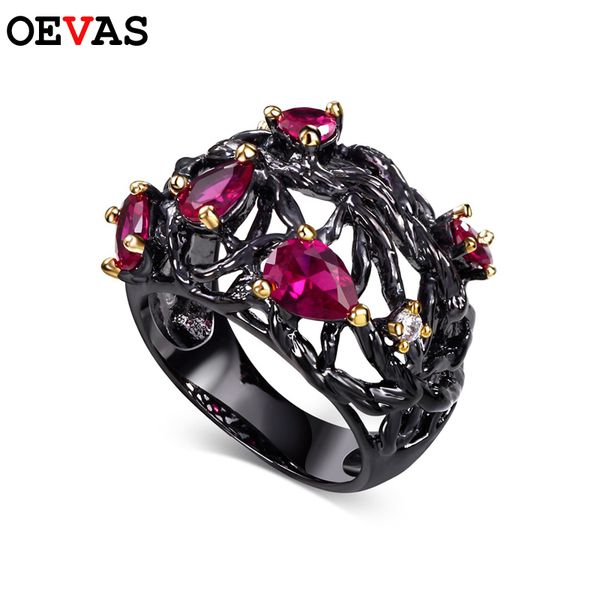 

oevas new arrival black gold color ring for women luxury red cz hollow out jewelry female party birthday gift size 6 7 8 9 10, Golden;silver