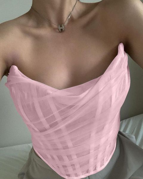 

2020 summer new women's fashion fishbone mesh gauze corset vest women short short coat off-the-shoulder cute party vest, White