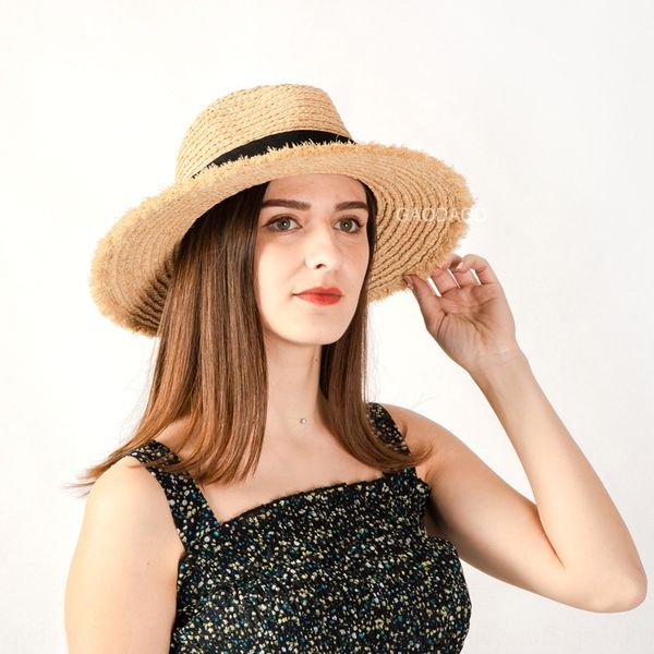 

panama hand hook lafite ladies beach sun straw hat travel sunshade bursted straw hat, Blue;gray