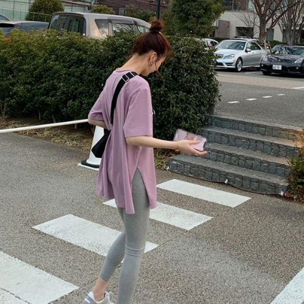 

2020 summer new cotton coat t-shirt women's short sleeve loose mid-length korean style solid color split t-shirt fashion, White