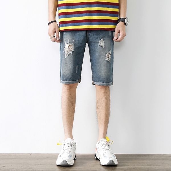 

shorts men's summer nine casual hole-breaking cropped korean fashion youth loose straight pants men's denim casual pants, Blue