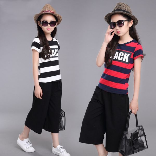 

children's girl summer new striped cotton children wide leg pants short-sleeved in the big sports suit sportswear shorts and shorts