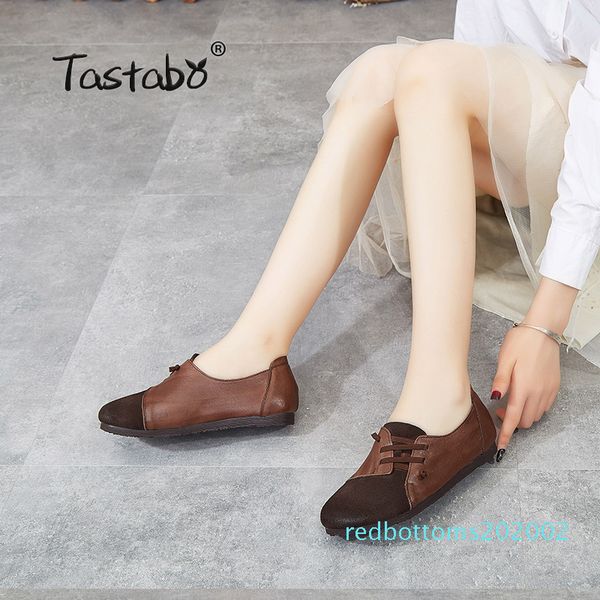

tastabo genuine leather handmade women shoes simple style brown khaki s118-2 soft bottom shoes color matching driving r02, Black