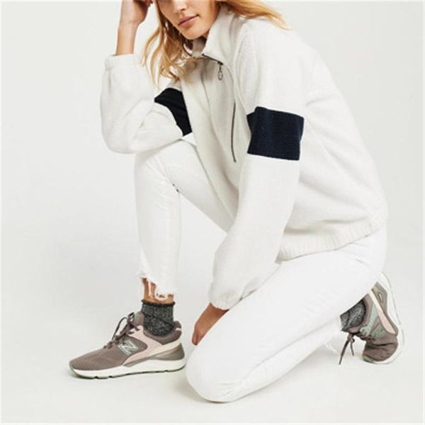 

women long sleeve hoodies zipper patchwork contrast color fashion trend crew neck cardigan loose designer famale autumn casual sweatshirt, Black