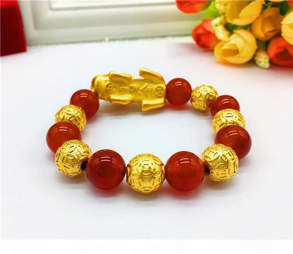 

china traditional mascot gold plated pixiu bracelet natural stone beaded wealth symble bracelet for men and women, Golden;silver