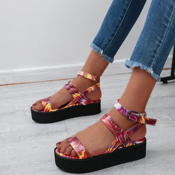 

women summer sandals soft comfortable breathable printed ankle strap buckle flat shoes sandals 2020 fashion, Black