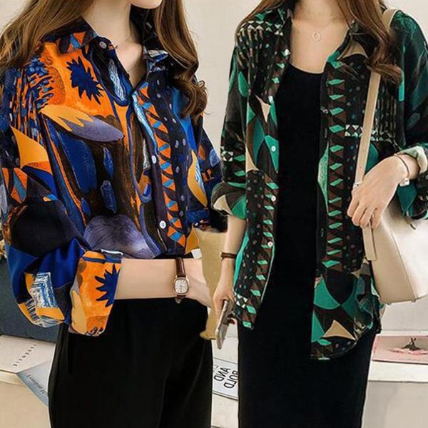 

retro women blouses abstract pattern turn-down collar long sleeve chiffon blouses for women ladies shirts blousas mujer, White