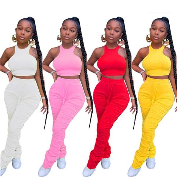 

summer women tanks and slim stacked pants fashion stacked sweatpants women sets casual womens two piece pants, White