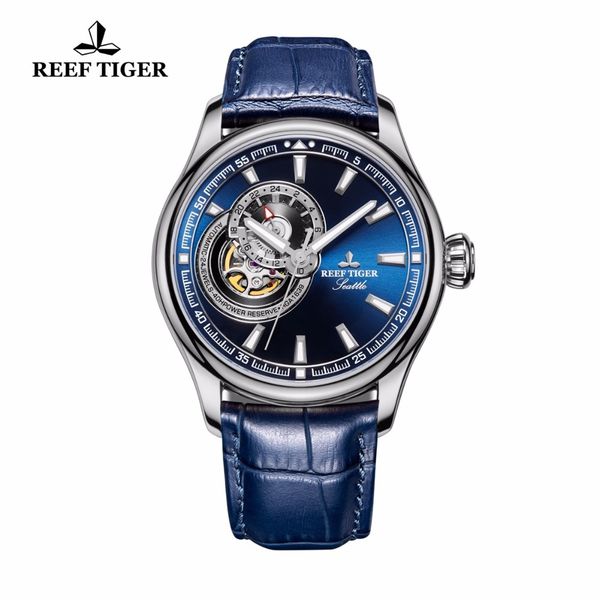 

reef tiger/rt causal watch for men genuine leather strap blue dial watches tourbillon quartz analog wrist watch rga1639, Silver