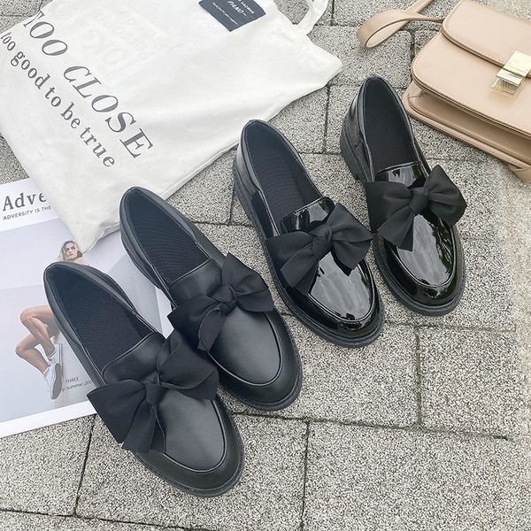 

2020 autumn oxford shoes for women solid black shoes woman new round toe bow knot slip on thick heels leather casual