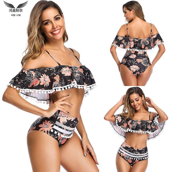 

new swimsuit bikini bikini digital printing fashion flounced spring split swimsuit for women, White;black