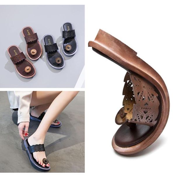 

2020 high-quality womens ethnic style comfortable casual pinch slippers first layer cowhide retro womens shoes summer comfortable, Black;red