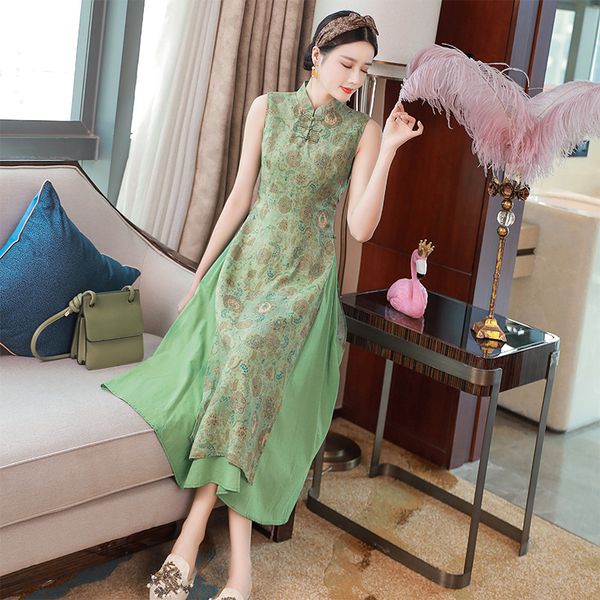 

высокое качество марка qipao 2020 лето женщина урожай национальный стиль печать цвета блок лоскутного рукава mid-теленок платье, Black;gray