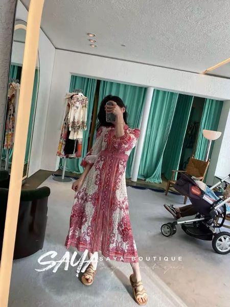 

australia's latest high-quality linen pink retro print waist dress, Black