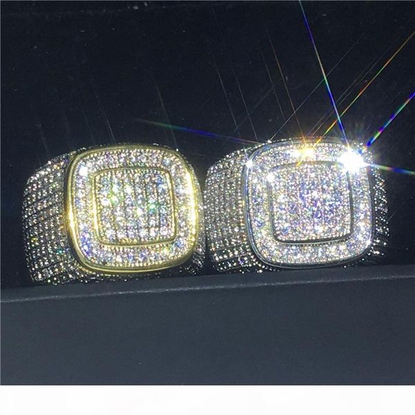 

vecalon handmade male ring 925 sterling silver pave setting 275pcs 5a cz party wedding band rings for men rock hiphop jewelry, Slivery;golden