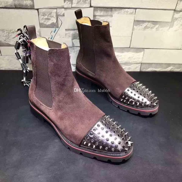

fashion new style red bottom sneaker men boots spikes suede leather red sole men shoes super perfect melon motorcycle ankle boot for men, Black