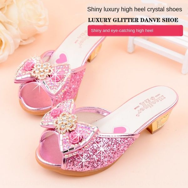 

girls' fashionable high-heeled anti-skid children' princess rhinestone slippers rhinestone bow slope-heeled slippers, Black;grey