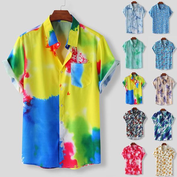 

casual men shirts colorful 10 colors -3xl tie-dye print summer short sleeve loose buttons casual shirt turn down collect z4 new, White;black