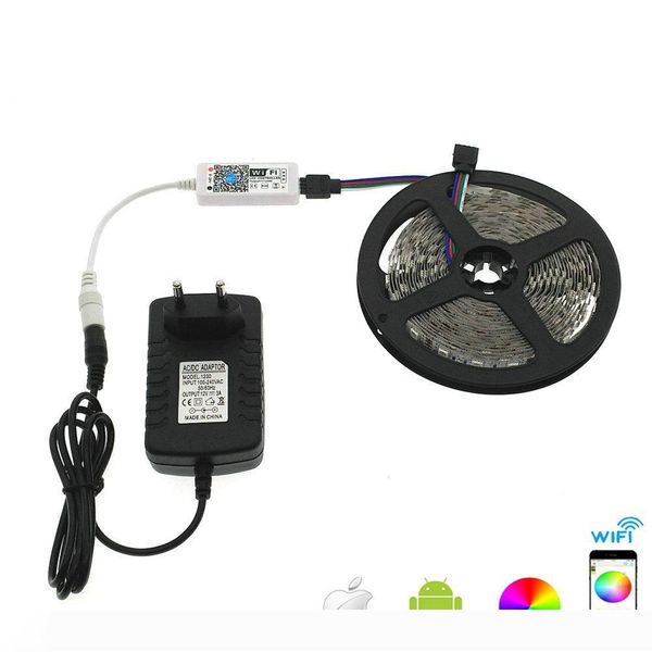 

led strip set 5050 rgb 5m 300led flexible strip light phone app control mini wifi rgb controller 12v 3a power adapter