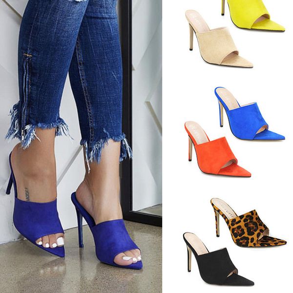

suede leather shoes woman slippers pointed toe high heel slippers zapatos de mujer fashion thin high heels party dress sandals, Black