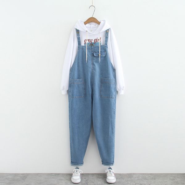 

2019 early spring style 200 jin fat mm slimming sling slingcasual denim suspender leggings plus fat plus size women's clothing 2908, Blue