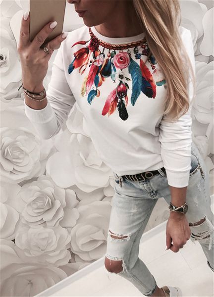 

streetwear fashion o-neck feather printed shirt harajuku women long sleeve t shirt 2019 autumn war comfortable slim ladies