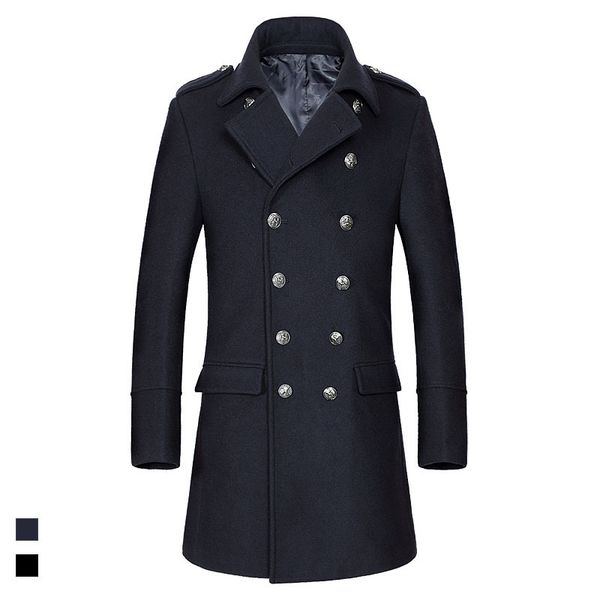 

new men's coat double row solid color british stand collar windbreaker men's fashion wool coat spot xz1809, Black