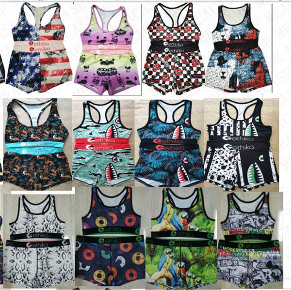 

summer women swimsuit designer shark face 2 piece swimwear brand bikini set cartoon tank vest crop and shorts beachwear swim clothd7801, White