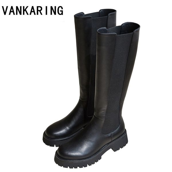 

new women knee high boots autumn winter warm low thick heels shoes woman genuine leather casual quality brand stretch long boots, Black