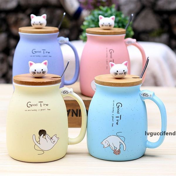 

450ml cartoon ceramics cat mug with lid and spoon coffee milk tea mugs breakfast cup drinkware novelty gifts t200104