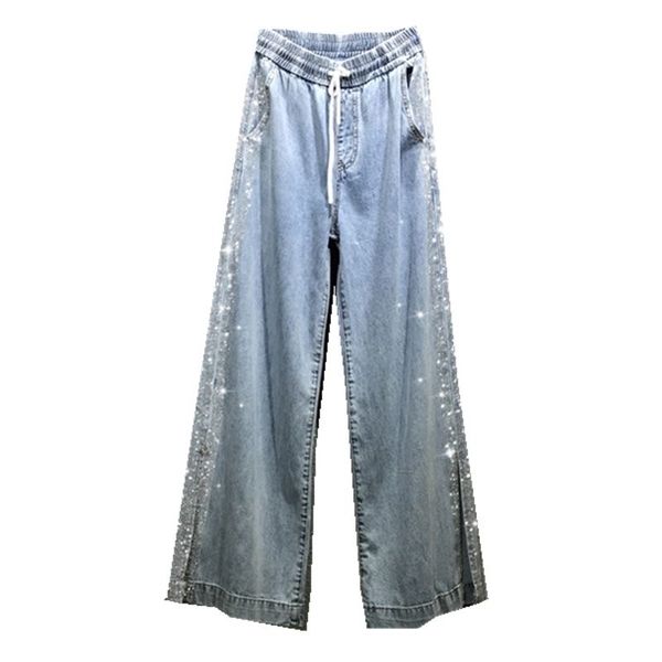 

women side sequined wide leg washed denim pant 2020 female elastic waist oversized side strip jeans trousers, Black;white