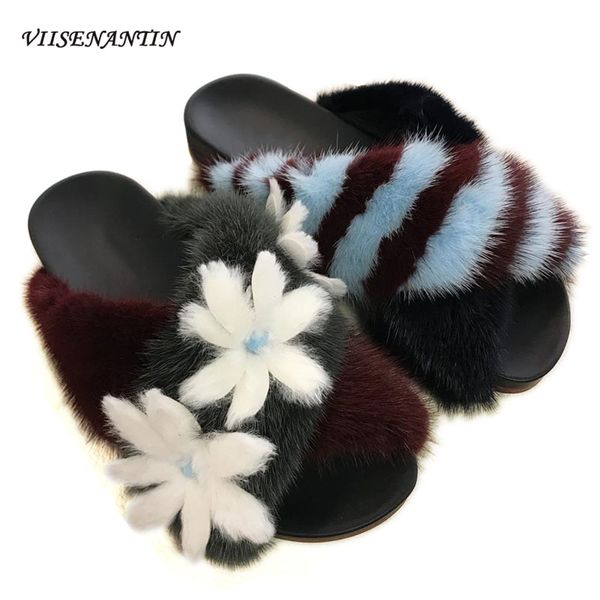 

real fur fashion new large style summer women shoes 2020 slipper, Black
