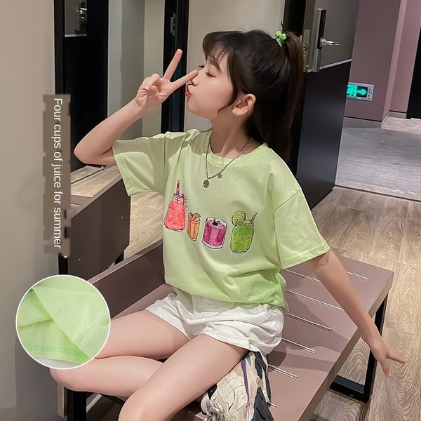 

qhuyi clothes 2020 new medium and large t-shirt children's clothing children's korean style western style round collar short-sleev, Blue