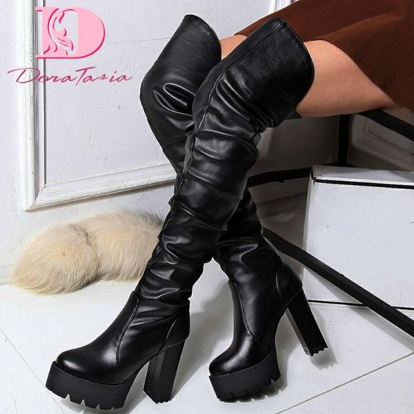

doratasia 2020 square high heels platform big size 43 winter women shoes over the knee motorcycles boots, Black