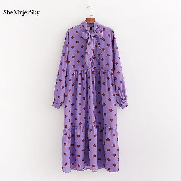 

shemujersky autumn purple long sleeve dress women dot print bow tie collar midi dress 2020 spliced vestidos elegantes, Black;gray