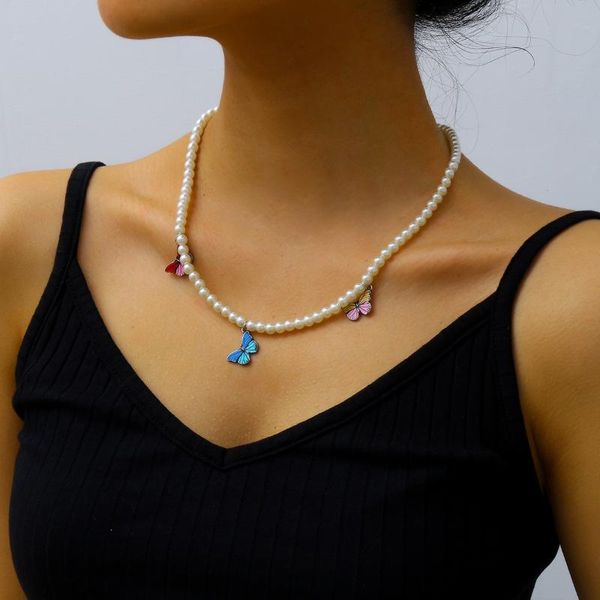 

cute kawaii pearl butterfly choker necklace women beads harajuku style collares punk hip hop gothic necklace pendants, Silver