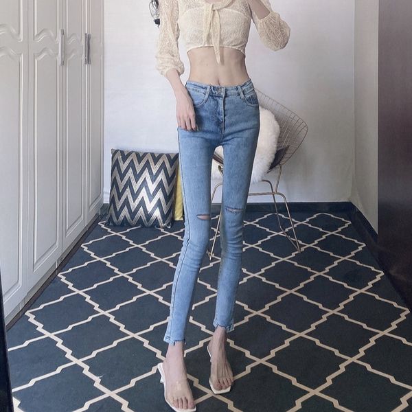 

2020 в начале осени новый корейский стиль высокая талия all-сопрягать тонкий прохладный hole нищий tight jeans горячие женские брюки, Blue