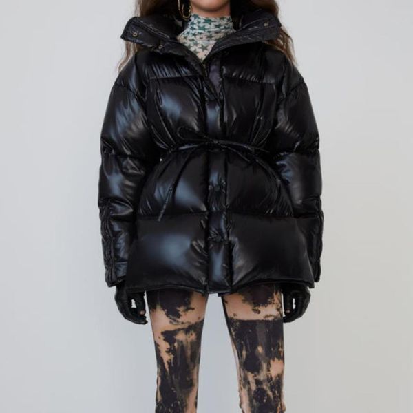 

winter fashion glossy shiny warm natural duck down coats female oversized stand collar down parkas warm duck coat f1878, Black