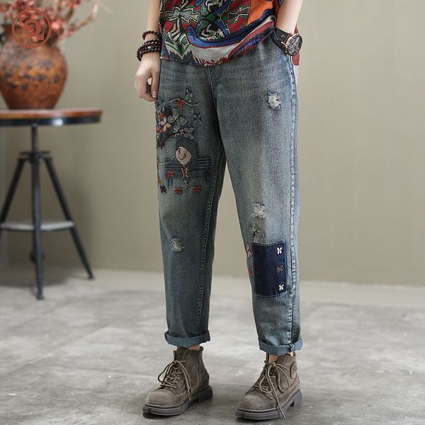 

women's jeans arrival 2021 spring korea fashion women loose casual cotton denim harem pants vintage embroidery plus size s598, Blue