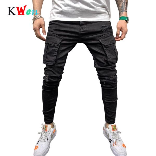 

newblack biker load jeans fit ripped men's pants hole motorcycle streetwear denim pencil pants skinny jeans 2020, Blue