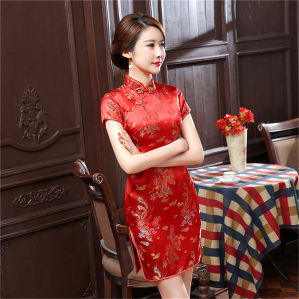 

ethnic clothing plus size 6xl costume cheongsam dragon and phoenix short daily banquet dress chinese elegant slim vestido, Red
