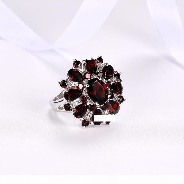 

оптовая fine jewelry кольцо 100% гарантировало real 925 стерлингового серебра 7,54 карат природных драгоценных камней черный гранат цветок ж, Slivery;golden