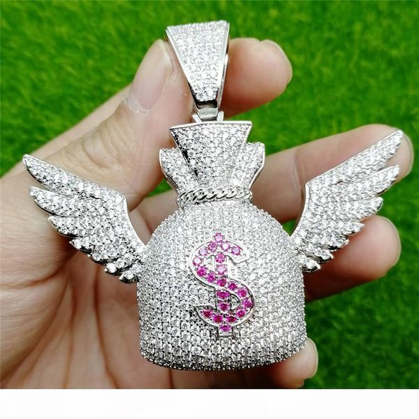 

hip hop iced out циркон доллар $ символ кошелек крыла ожерелье золото серебро bling цепи ювелирные изделия для мужчин, Silver