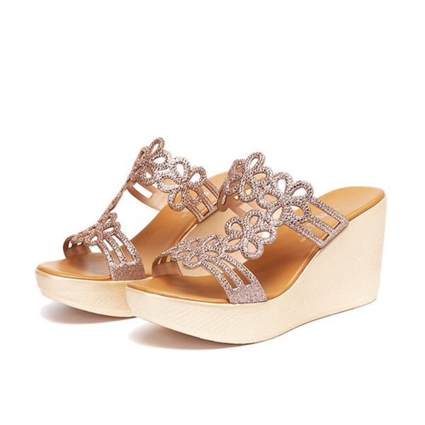 

crystal women slippers thick bottom wedge platform shoes female summer beach shoes thick bottom elegant wedding ladies, Black