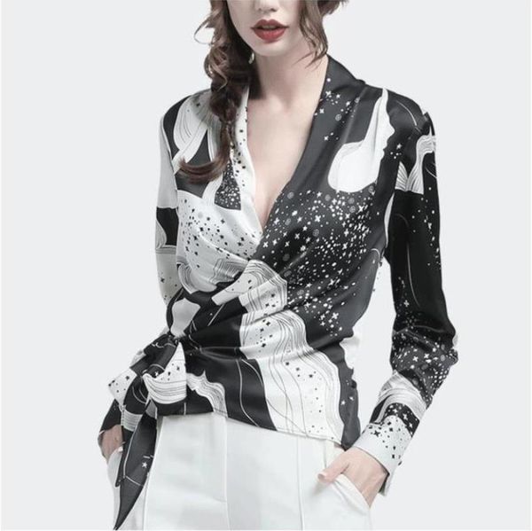 

women chiffon shirt blouselong-sleeved color waist thin cross v-neck autumn coat temperament small shirt plus size size s-4xl, White