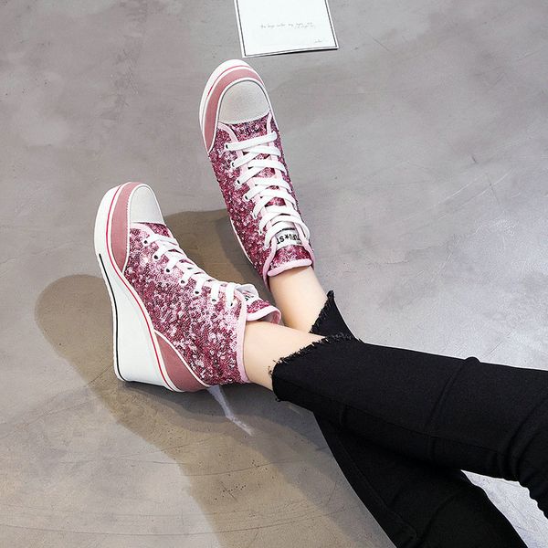 

new korean version 8cm heightened canvas shoes wedge heel sequin lace up muffin bottom casual high sneakers women zy-13
