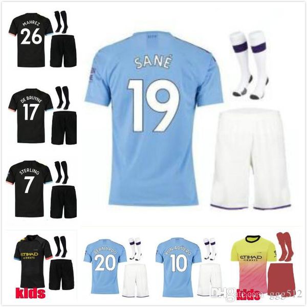 

jesus de bruyne kun aguero 19 20 manchester soccer jersey city 2020 sane jesus jersey football shirt kids kit sets uniform, Black;yellow