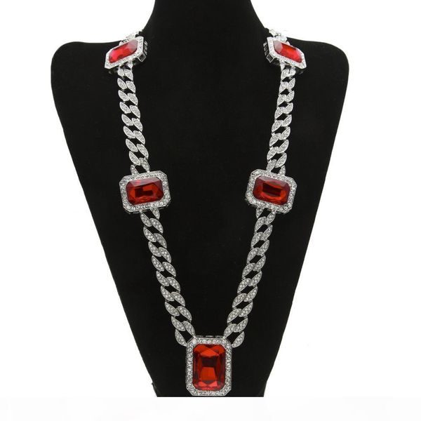 

men hip hop rock jewelry gold silve plated 5pcs square red crystal 30" full rhinestone miami cuban link necklace, Silver