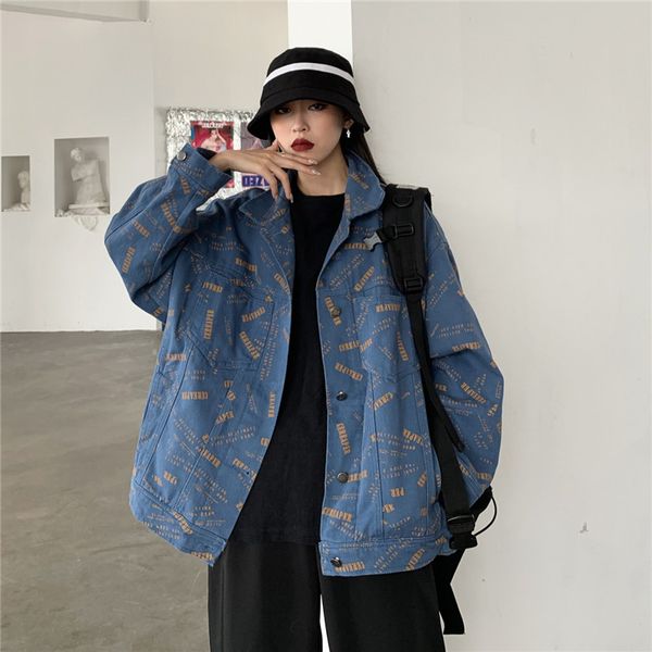 

women's trench coats 2021 spring autumn korean loose large size bf retro denim jacket women hip-hop hong kong graffiti windbrear coat f, Tan;black